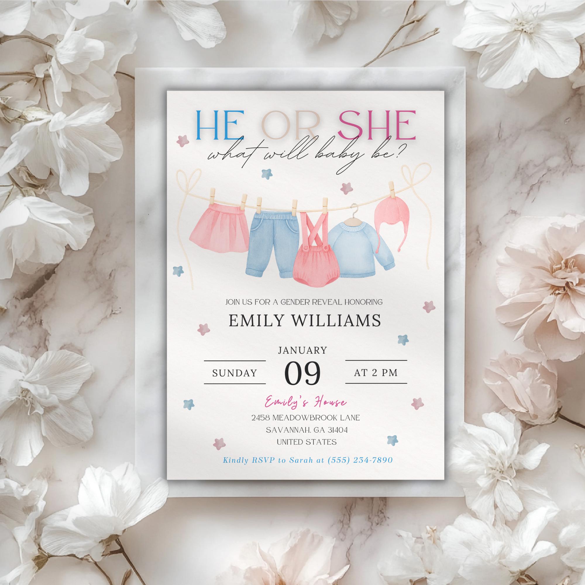 He or She Baby Clothes Gender Reveal Invitation