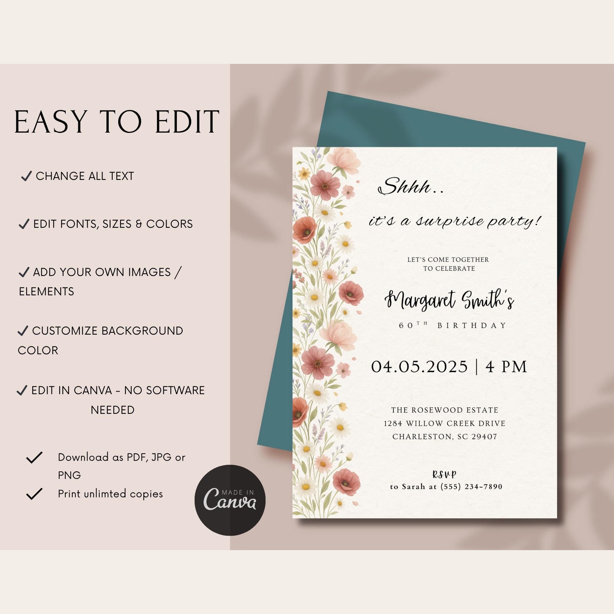 Elegant Wildflower Surprise Birthday Invitation
