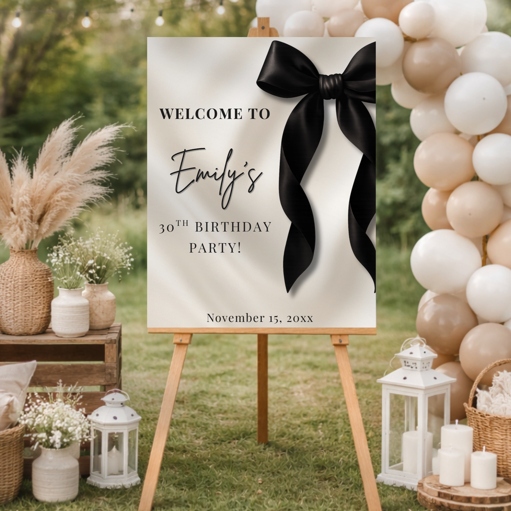 Black Bow Birthday Welcome Sign