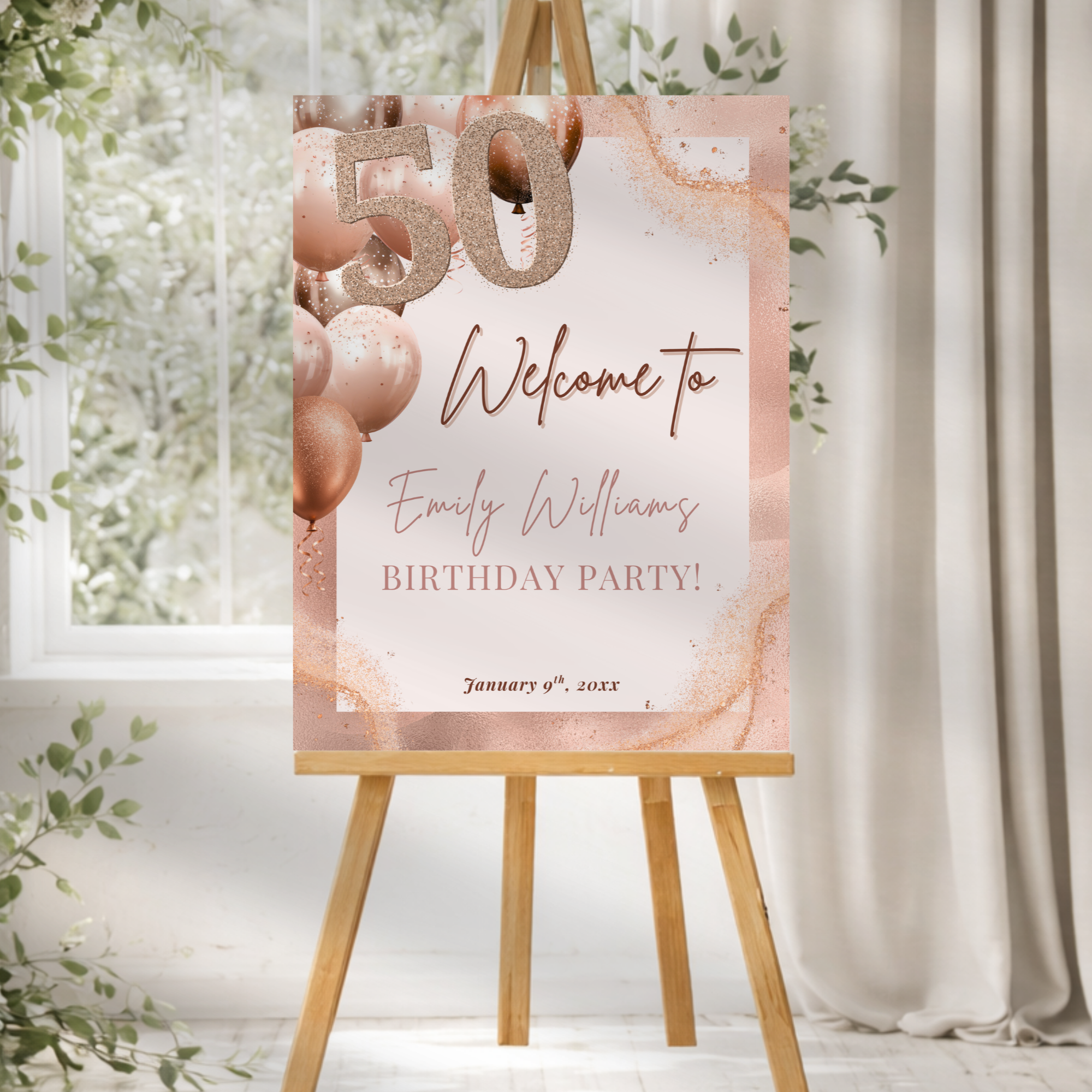 Rose Gold 50th Birthday Welcome Sign