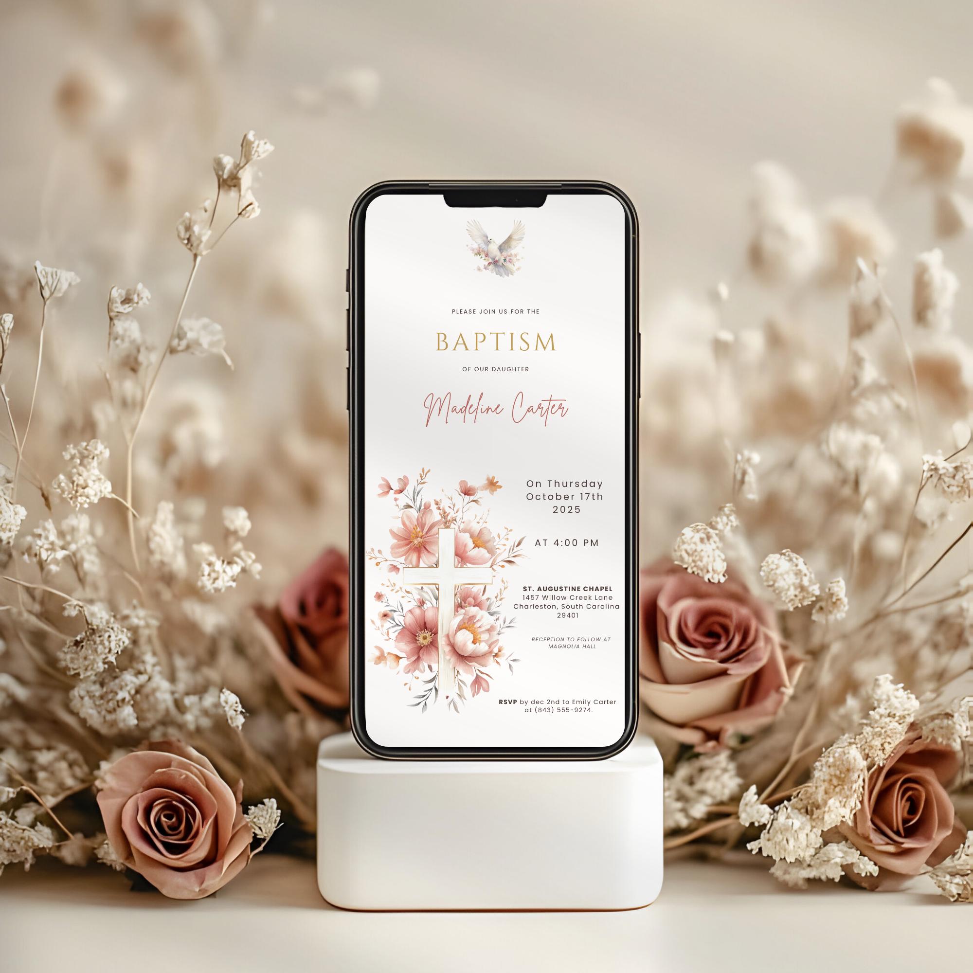 Blush Floral Dove Baptism Invitation