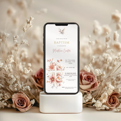 Blush Floral Dove Baptism Invitation
