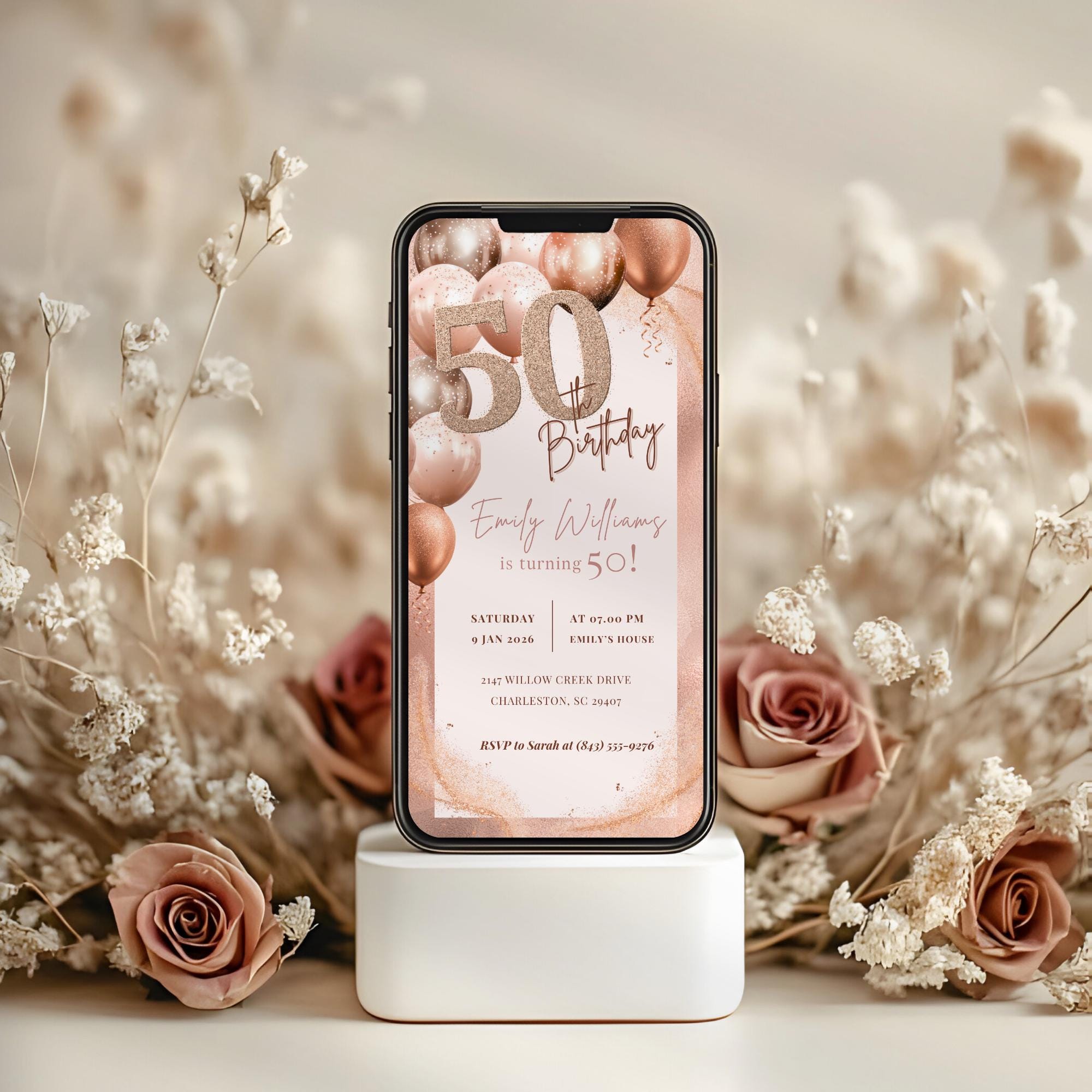 Rose Gold 50th Birthday Invitation