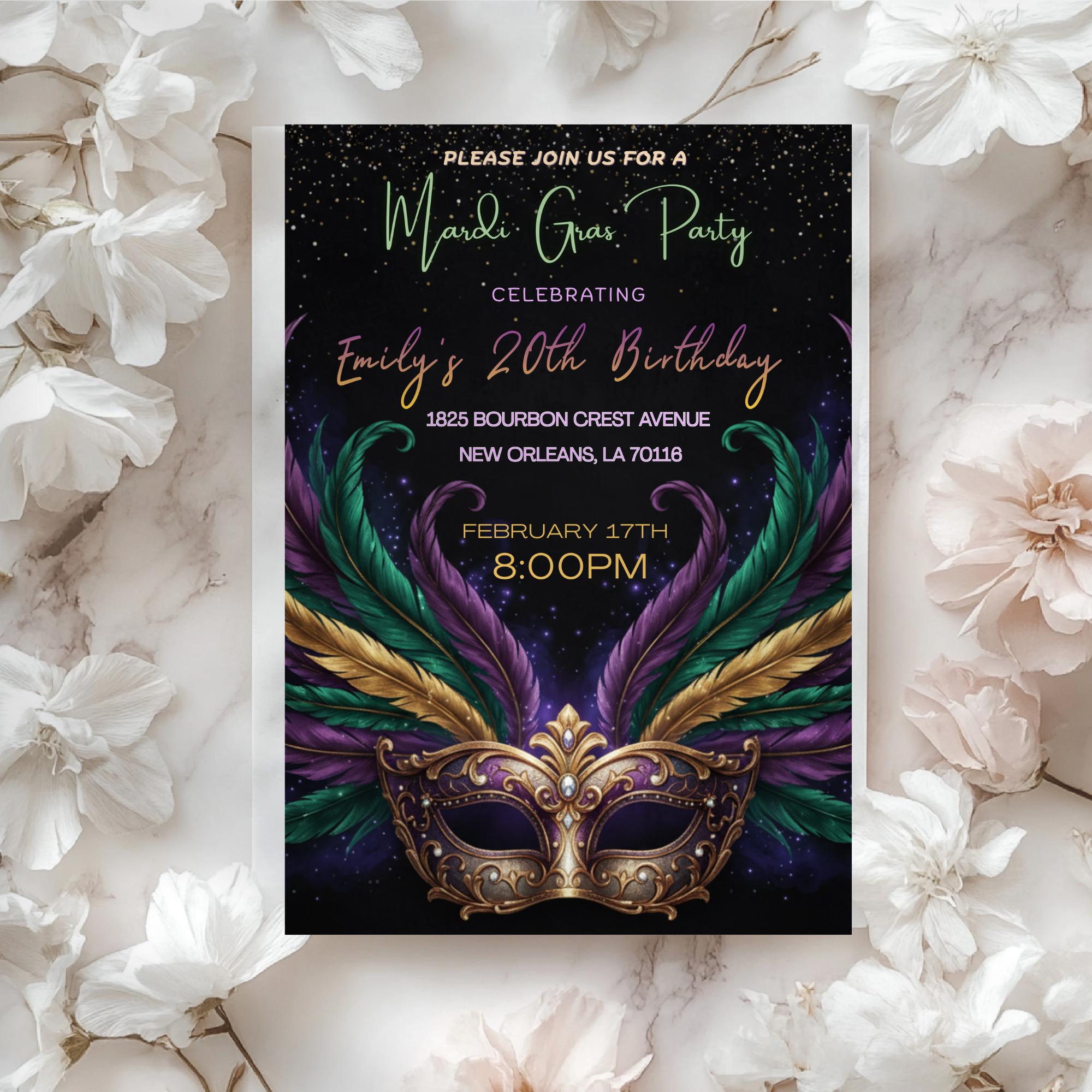 Mardi Gras Feather Mask Birthday Invitation