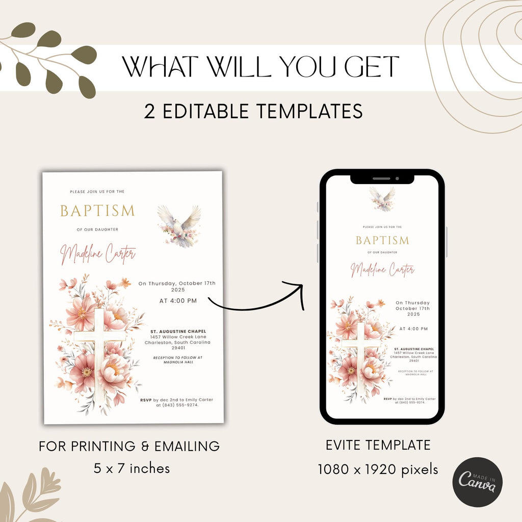Blush Floral Dove Baptism Invitation