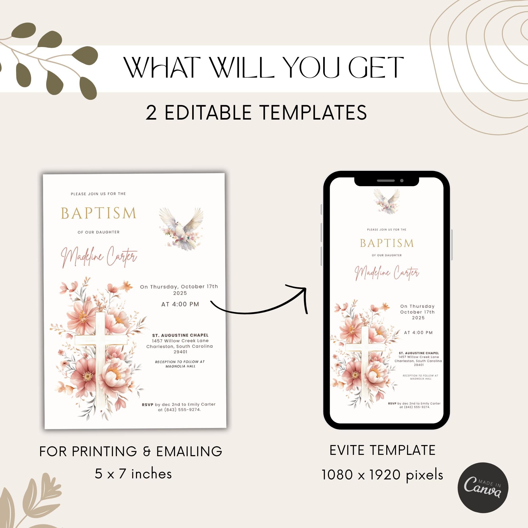 Blush Floral Dove Baptism Invitation