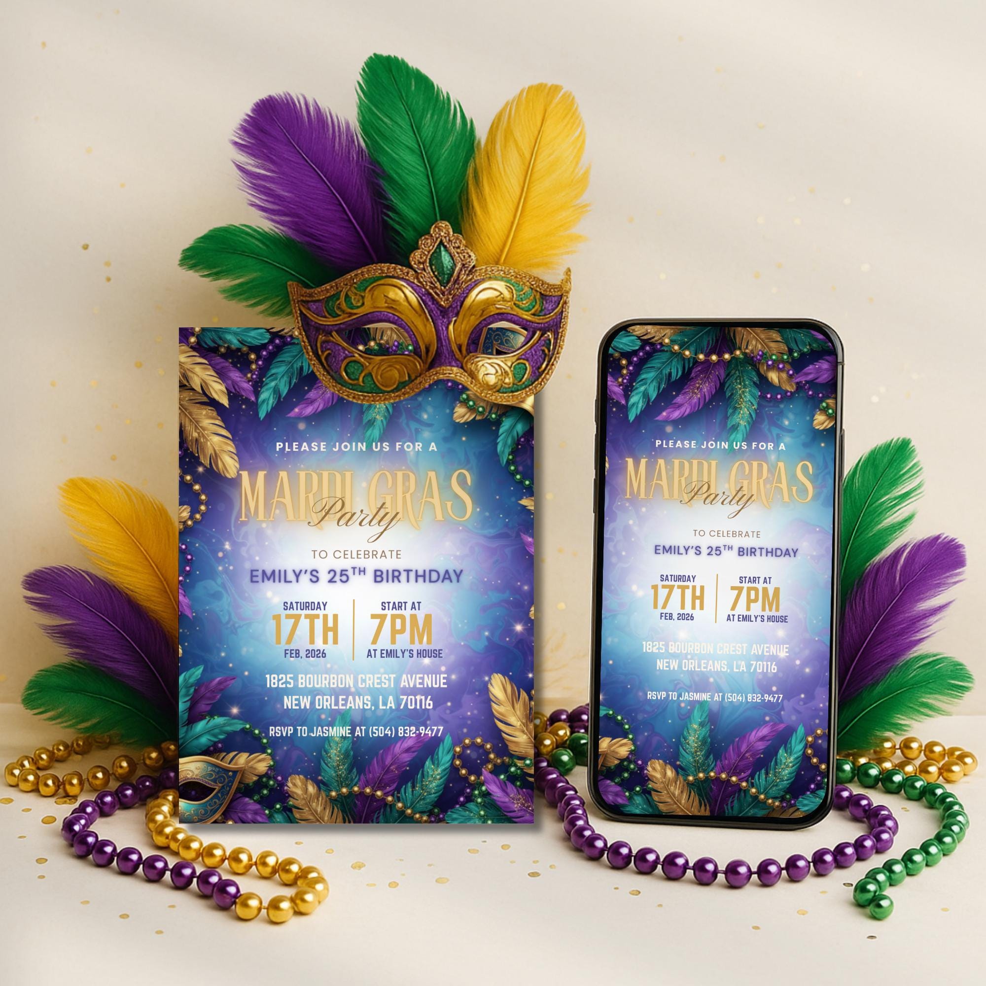 Colorful Mardi Gras Birthday Party Invitation