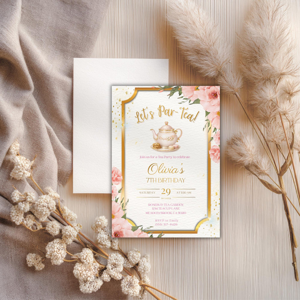 Elegant Gold Floral Tea Party Kids Birthday Invitation