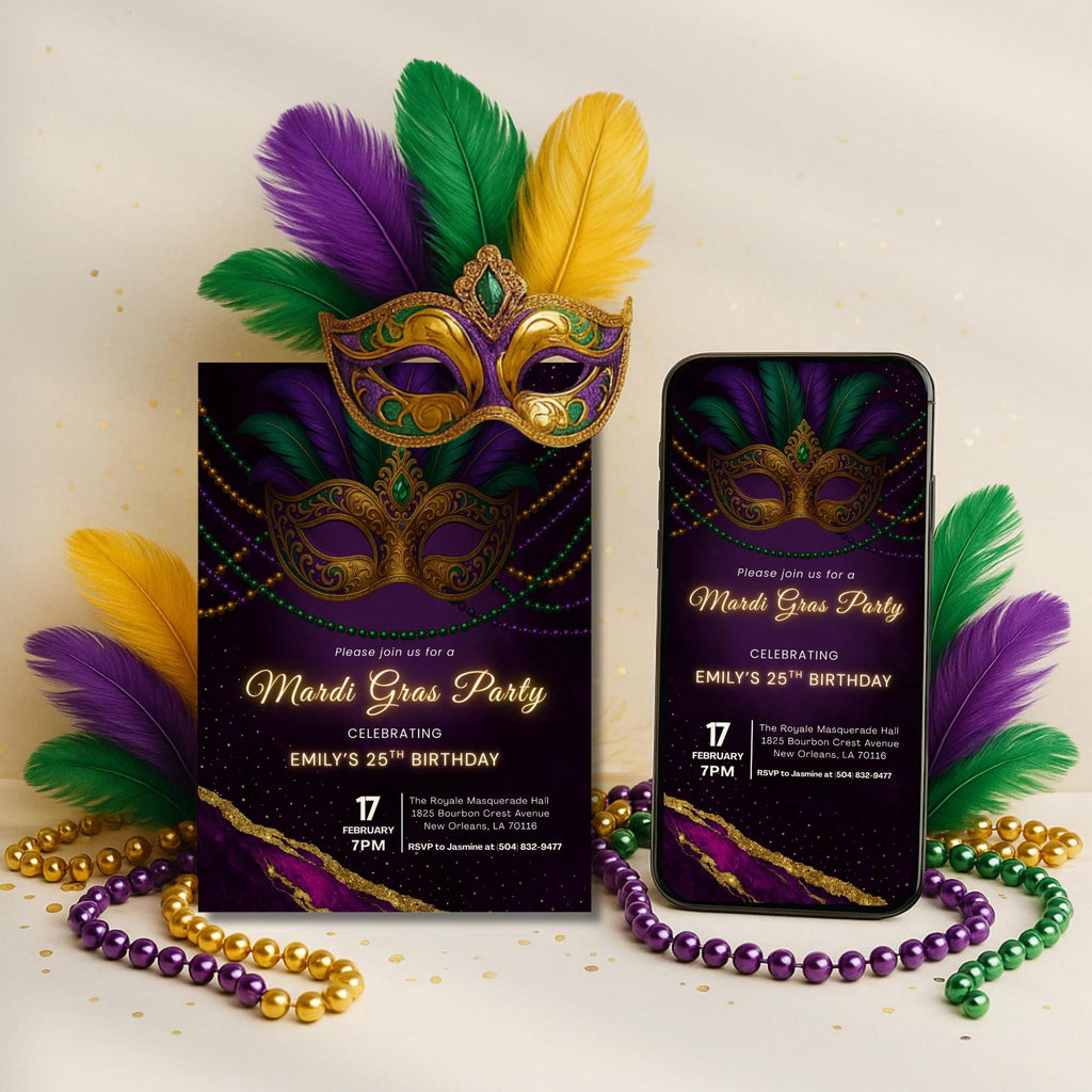 Mardi Gras Mask Birthday Party Invitation