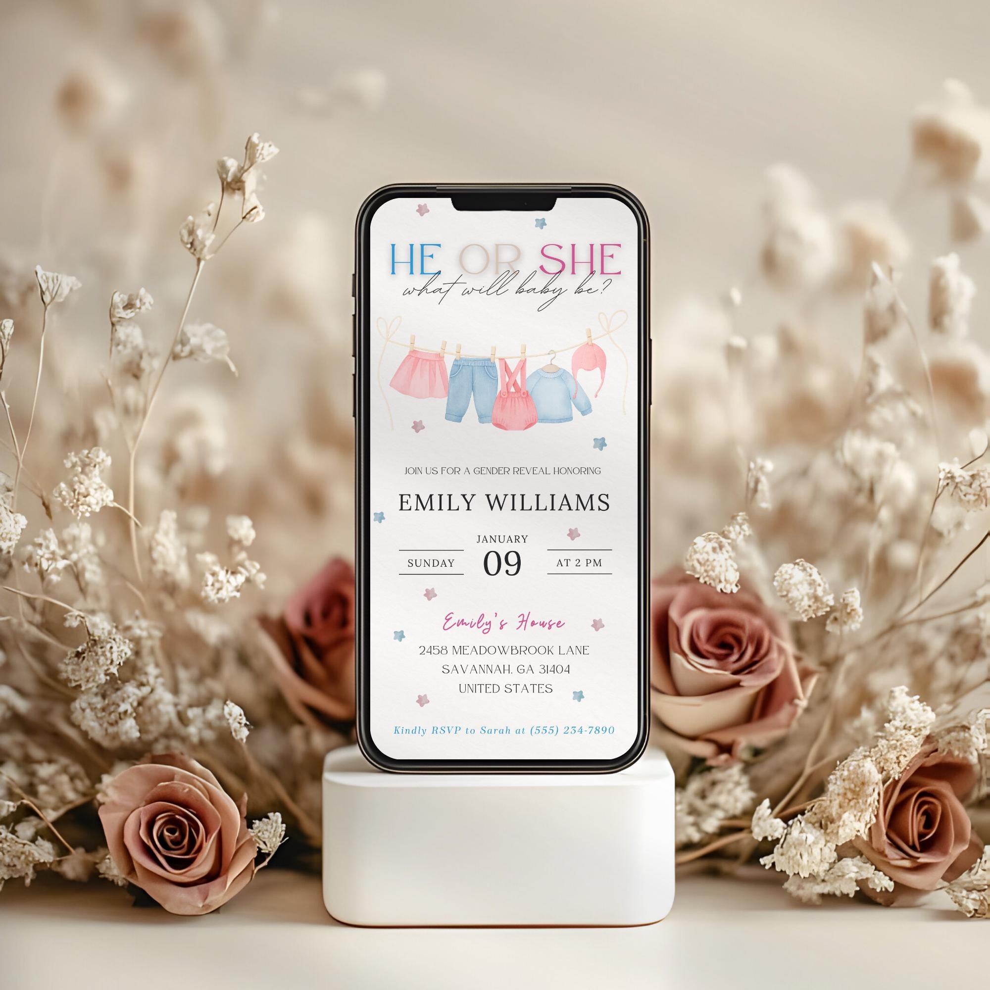 He or She Baby Clothes Gender Reveal Invitation