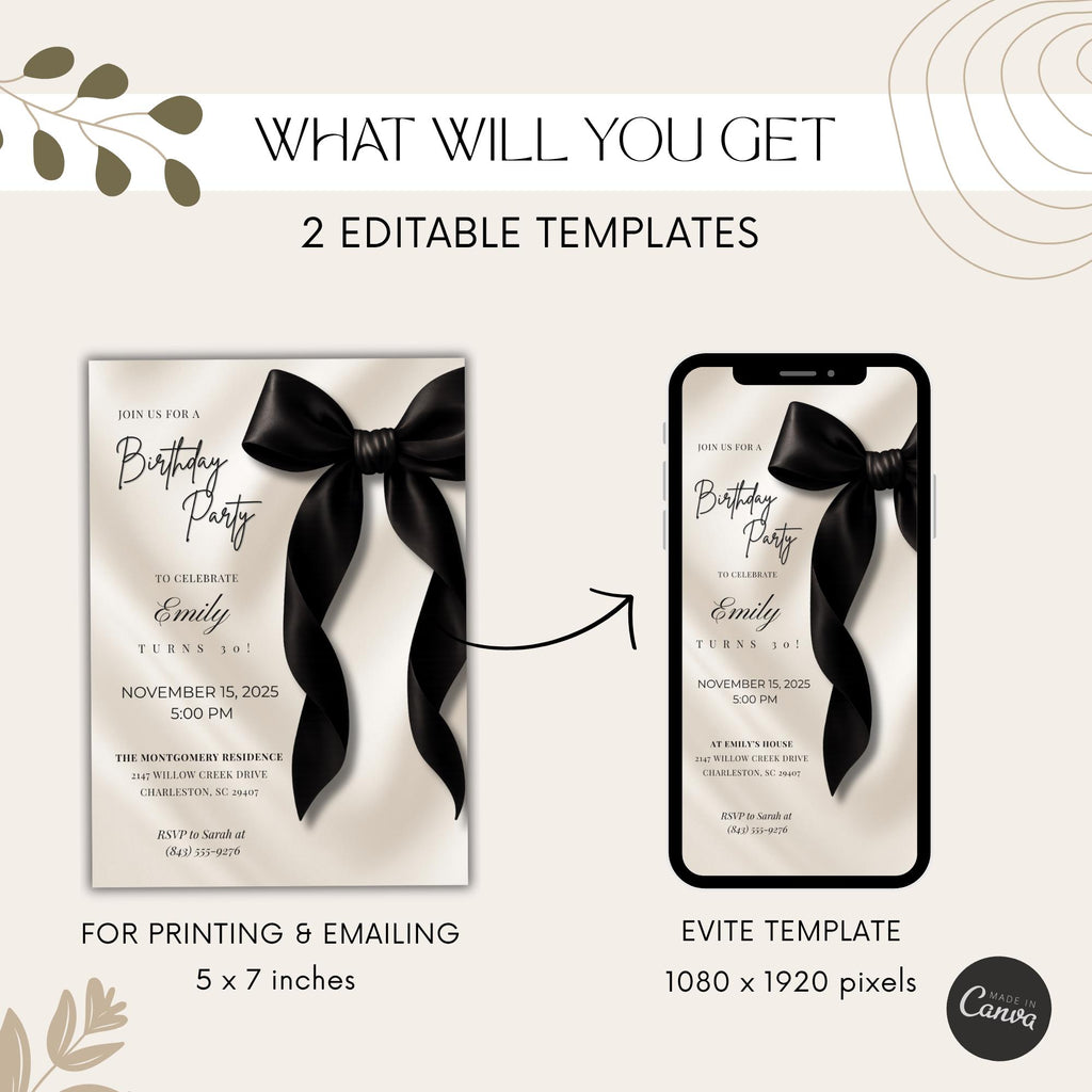 Black Bow Birthday Invitation