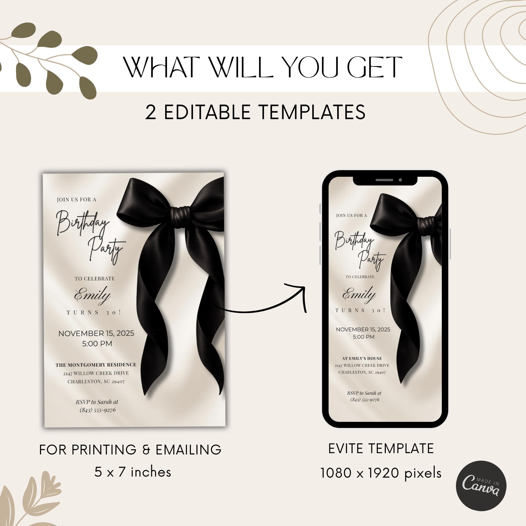 Black Bow Birthday Invitation