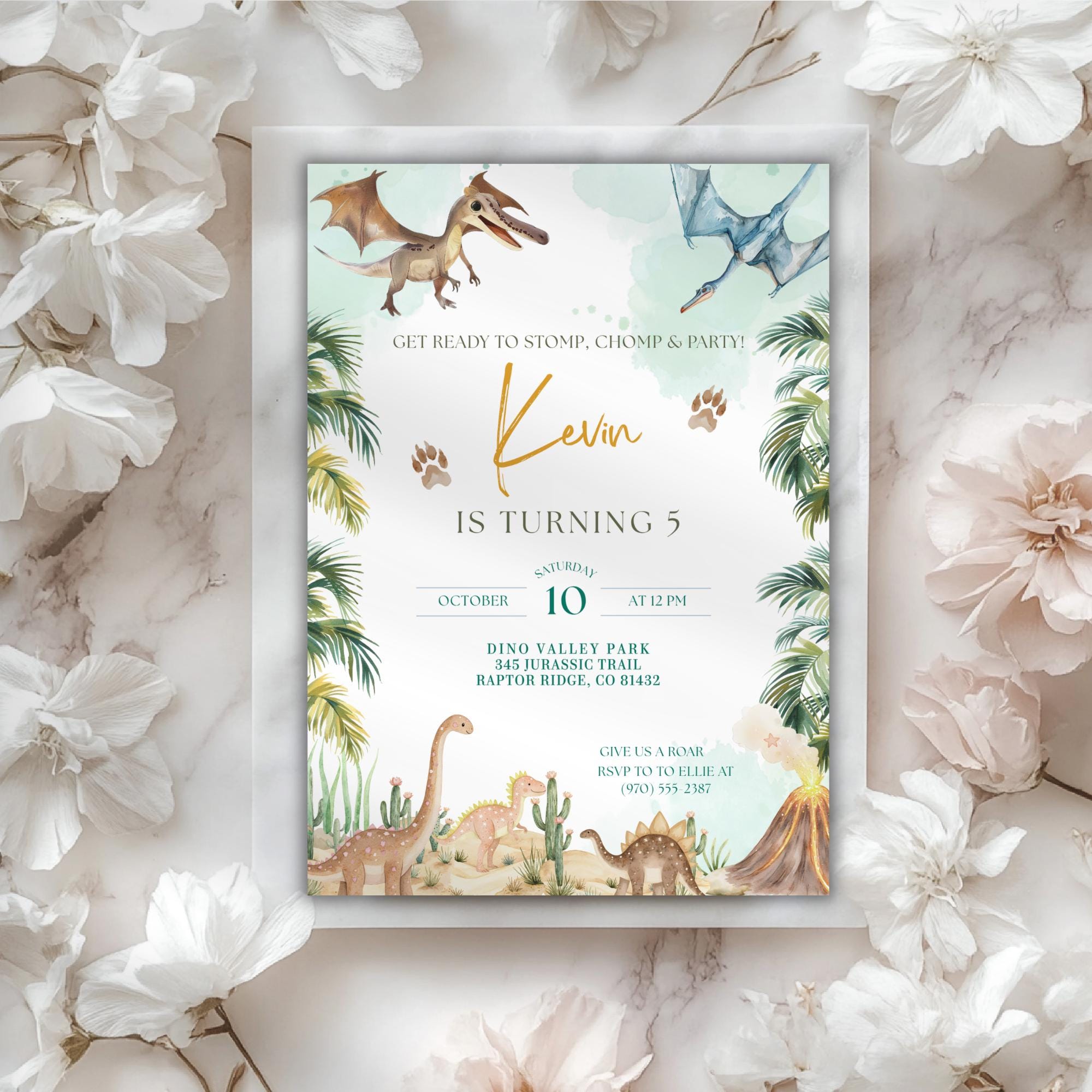 Watercolor Dinosaur Kids Birthday Invitation