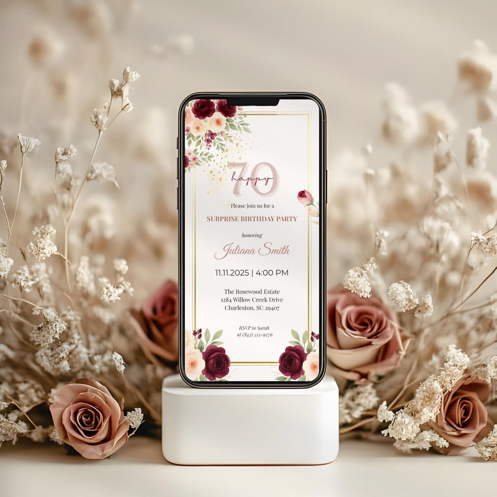 Elegant Burgundy Floral 70th Birthday Invitation