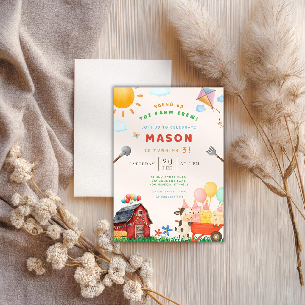 Watercolor Farm Animals Kids Birthday Invitation