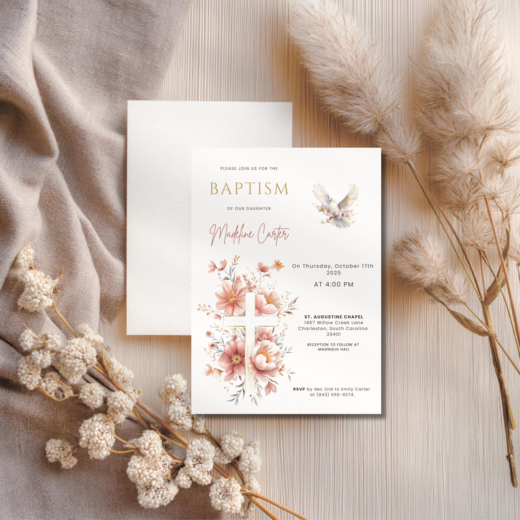 Blush Floral Dove Baptism Invitation