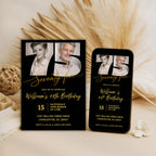 Black & Gold 75th Birthday Invitation with Photo Number