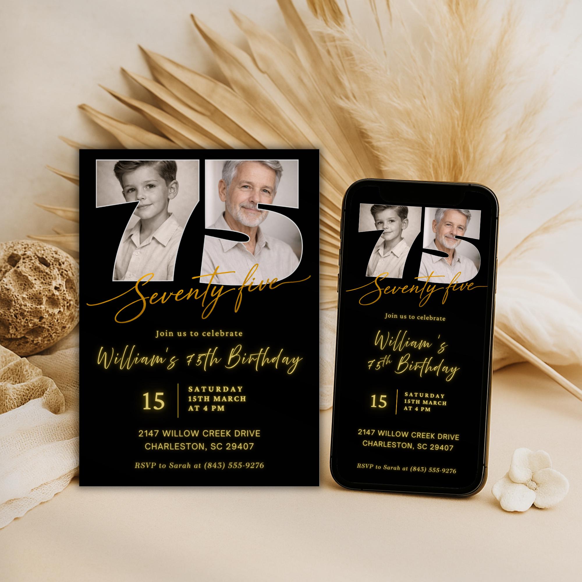 Black & Gold 75th Birthday Invitation with Photo Number