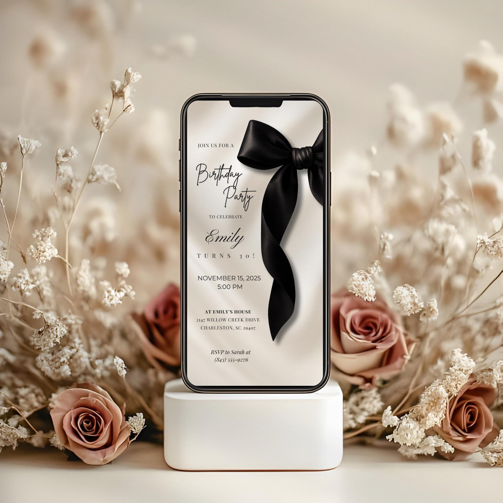 Black Bow Birthday Invitation