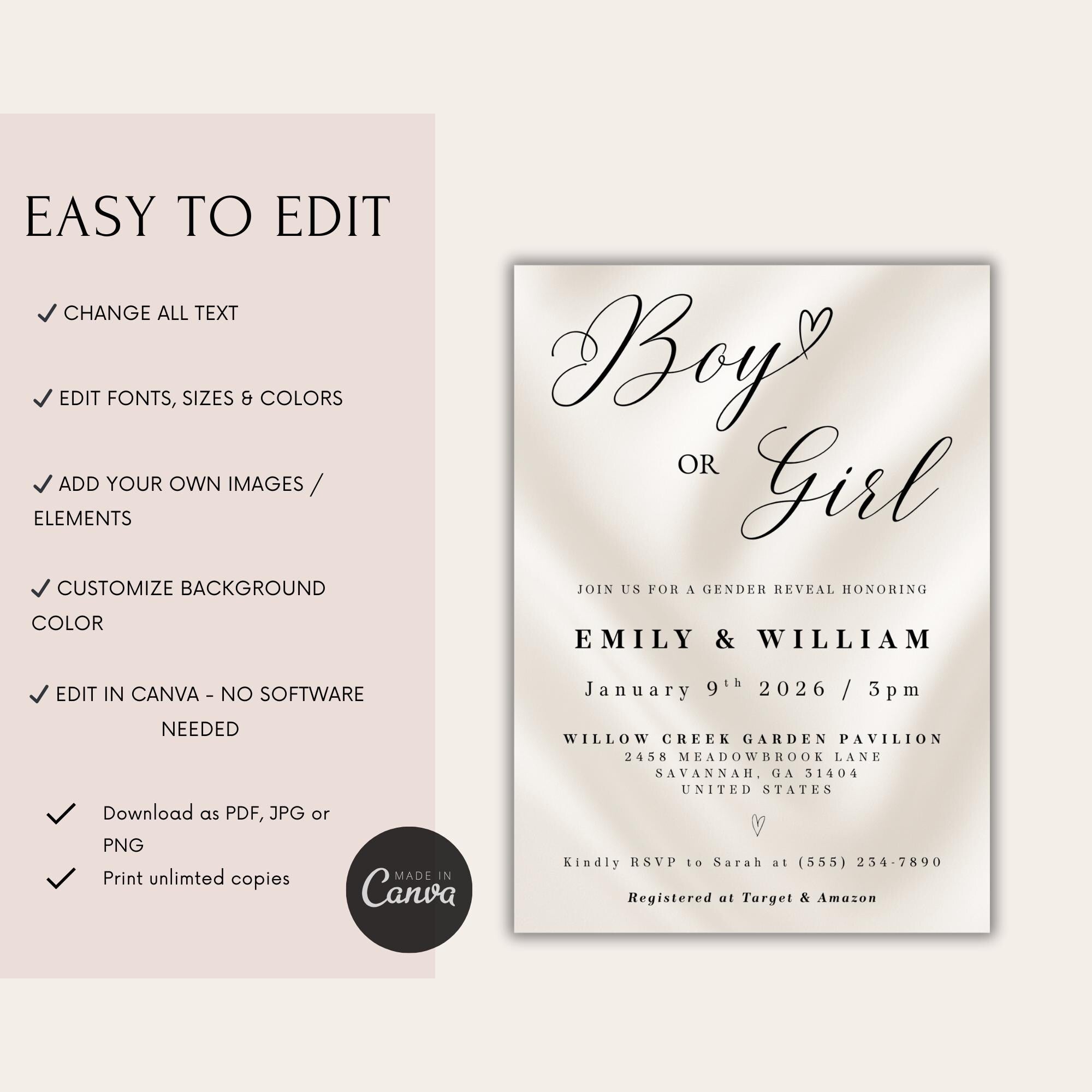 Elegant Boy or Girl Gender Reveal Invitation