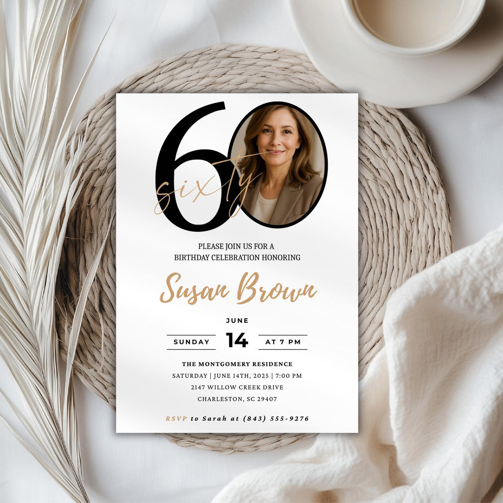 Modern 60th Birthday Invitation with Photo Number