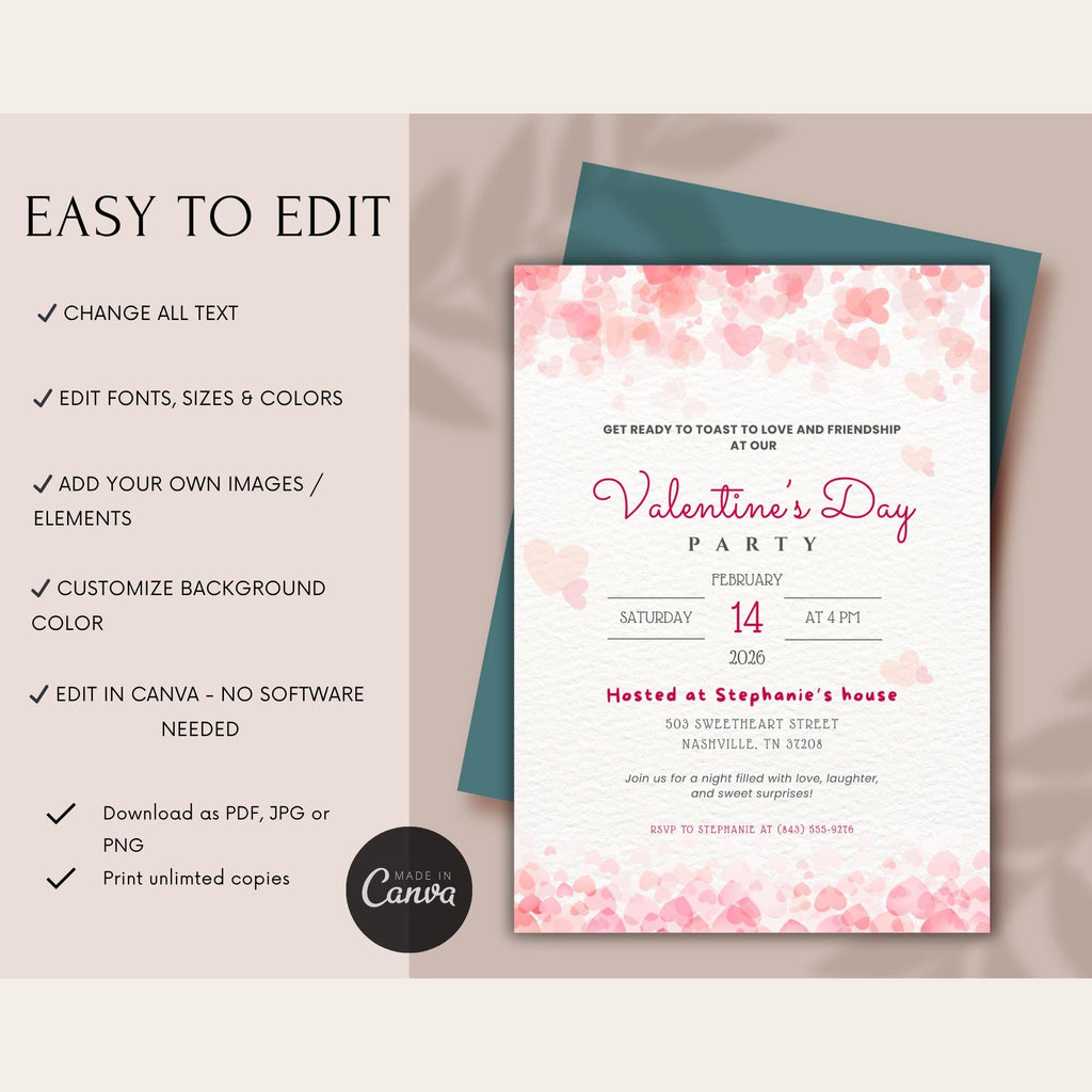 Pink Hearts Valentines Party Invitation