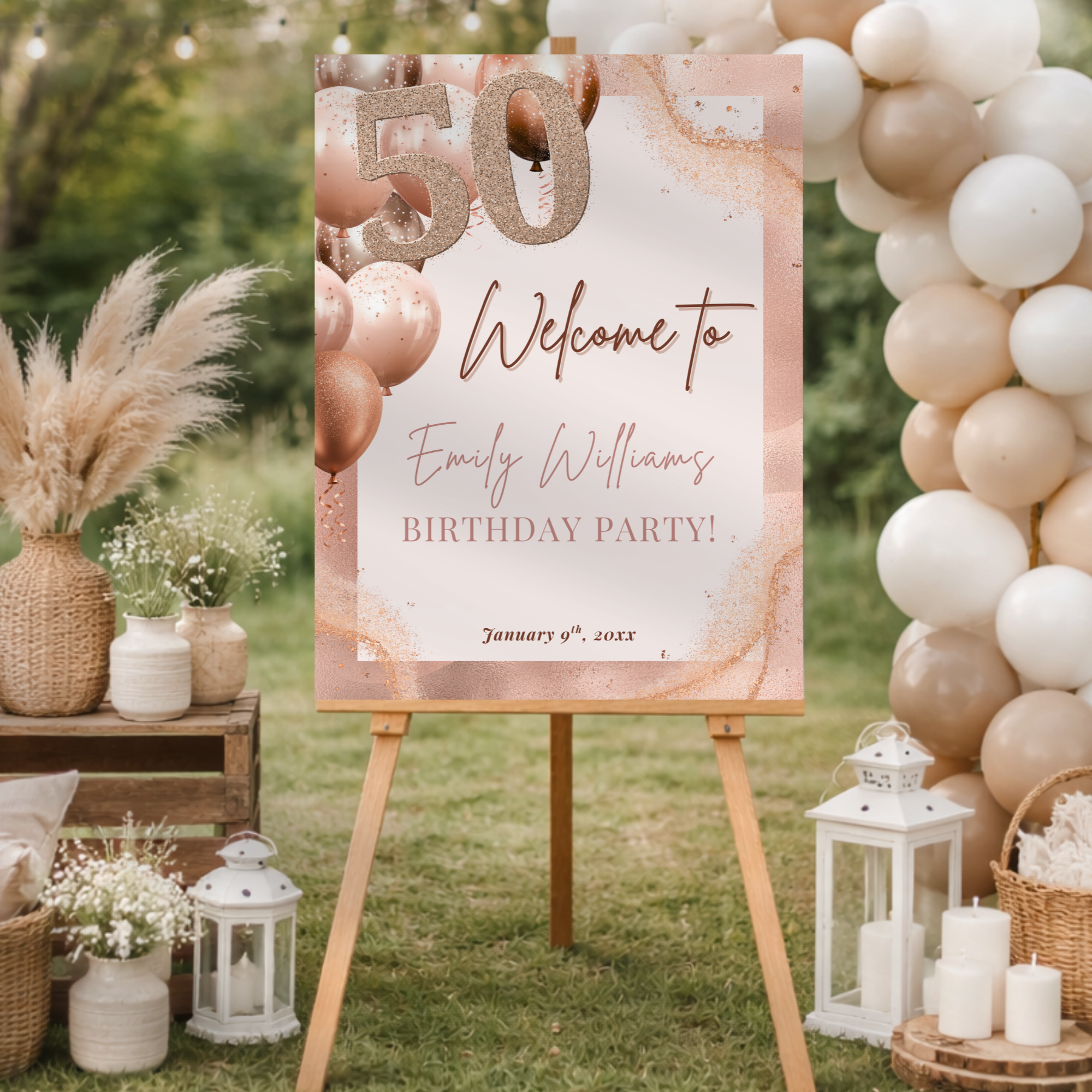 Rose Gold 50th Birthday Welcome Sign