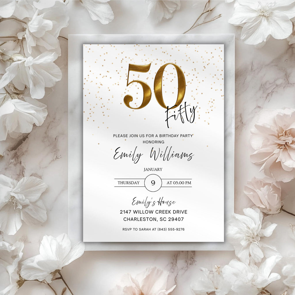 Minimal Gold Confetti 50th Birthday Invitation