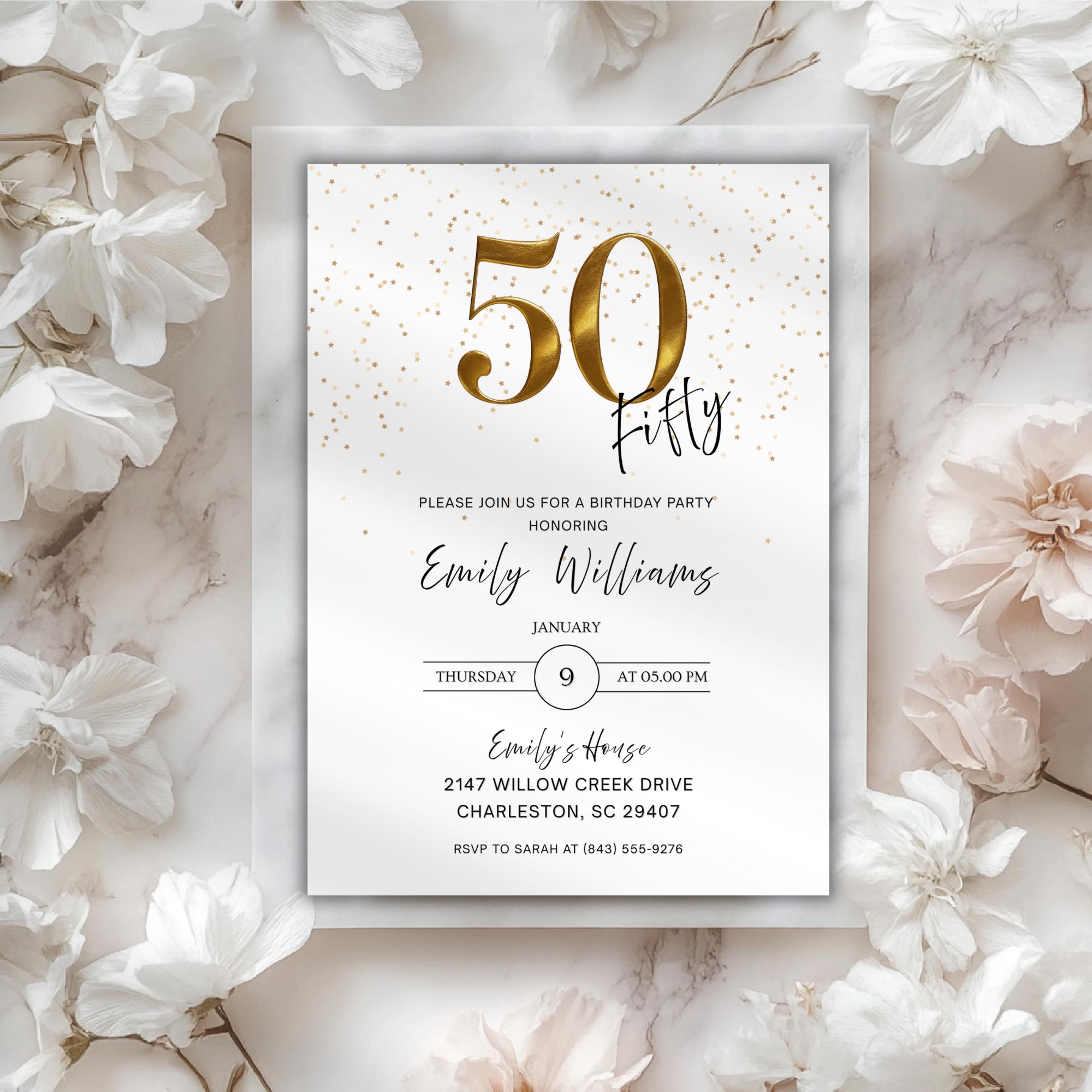 Minimal Gold Confetti 50th Birthday Invitation
