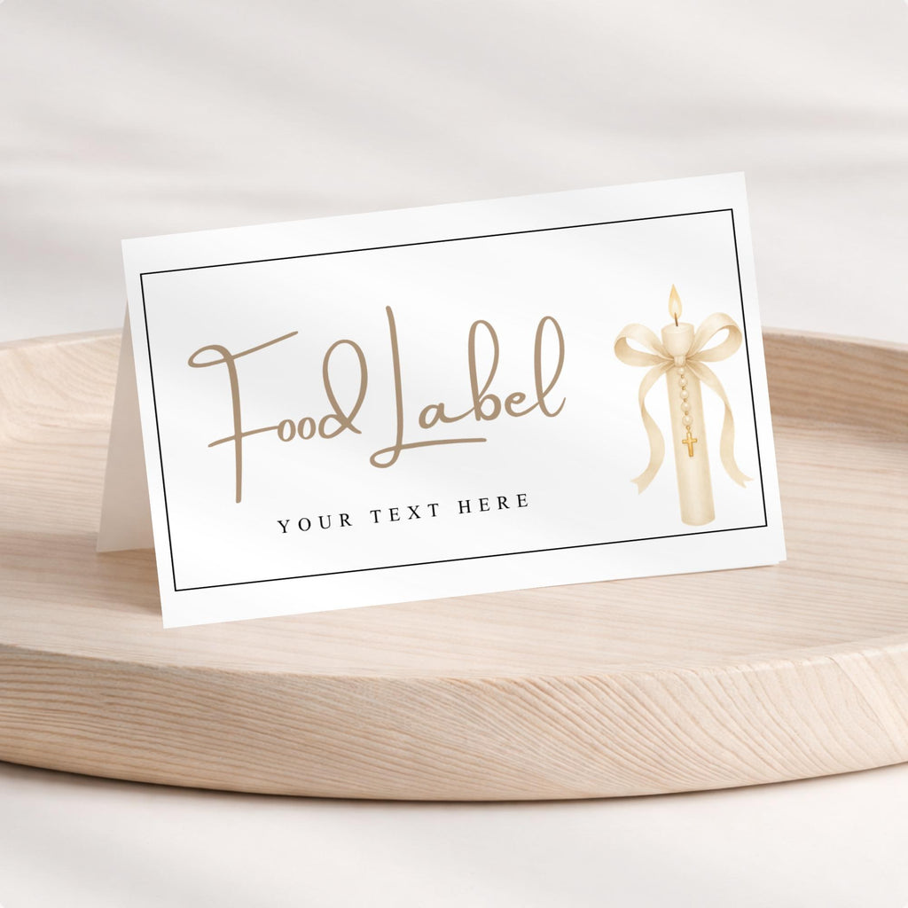 Gold Candle Baptism Buffet Food Labels