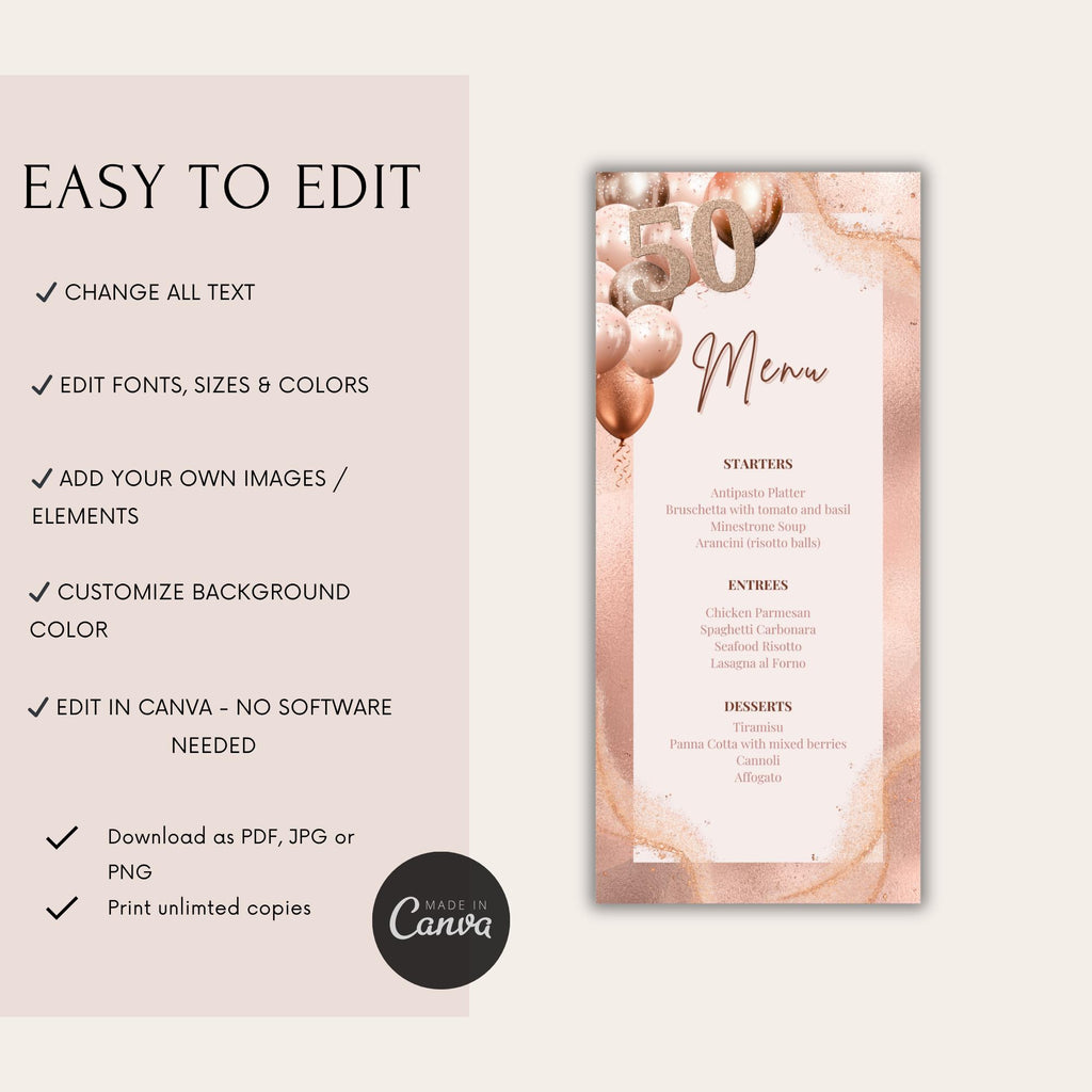 Rose Gold 50th Birthday Menu Card