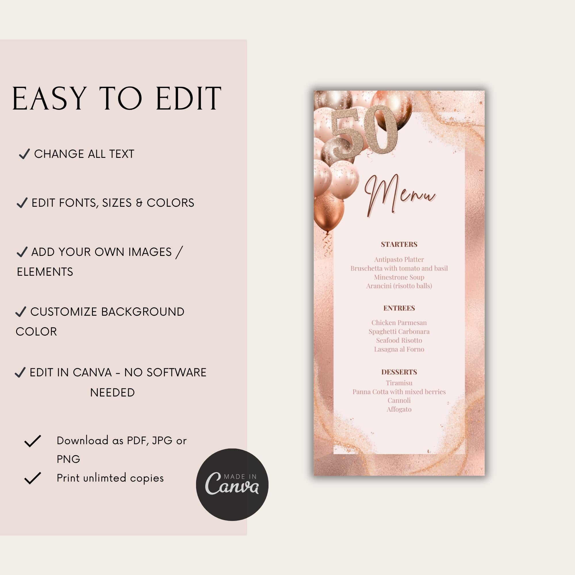 Rose Gold 50th Birthday Menu Card