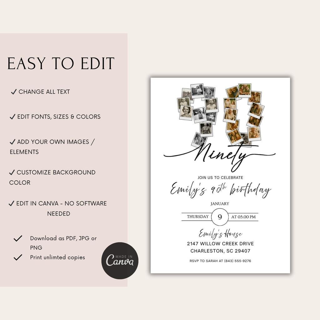 Minimalist Photo Collage Ninety 90th Birthday Invitation