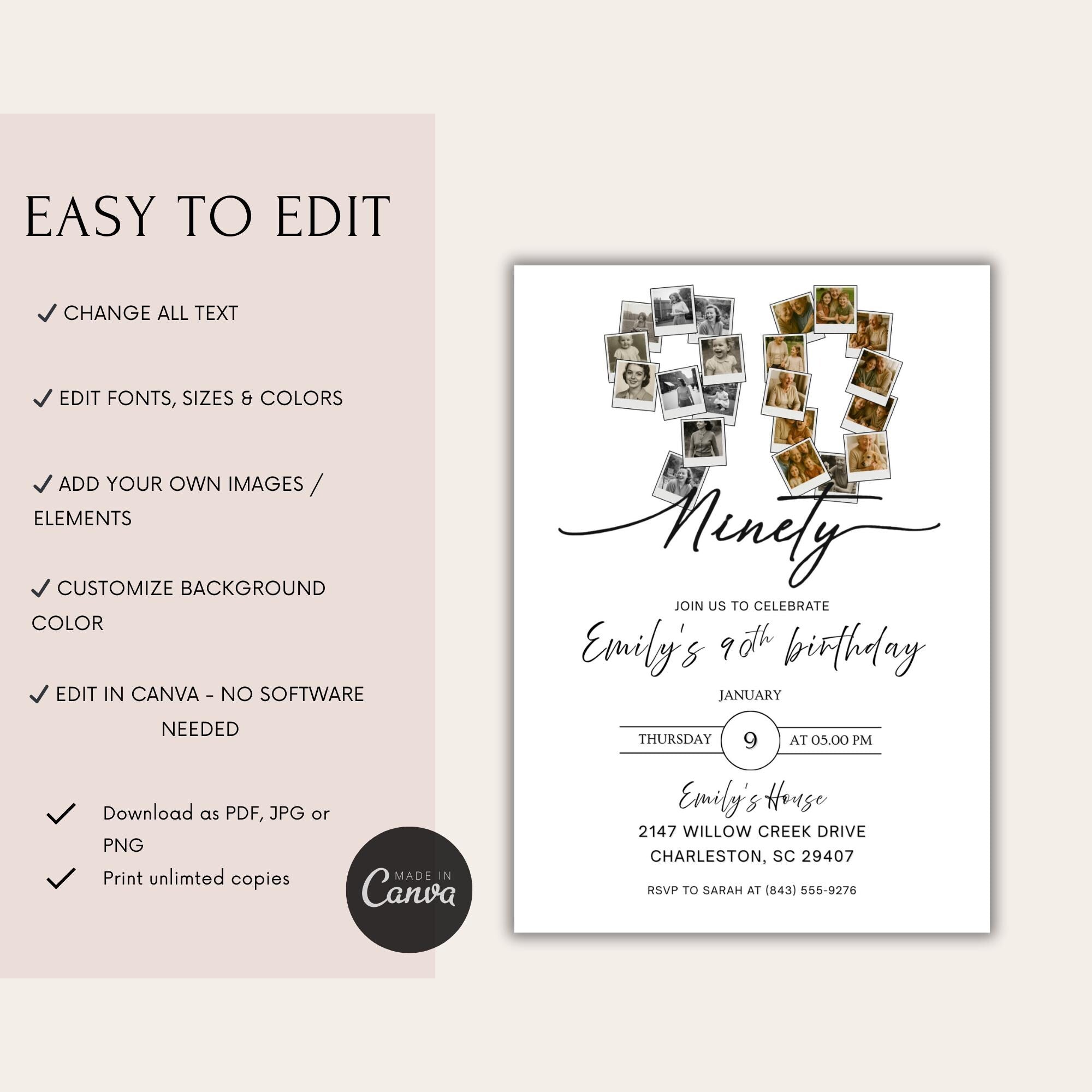 Minimalist Photo Collage Ninety 90th Birthday Invitation