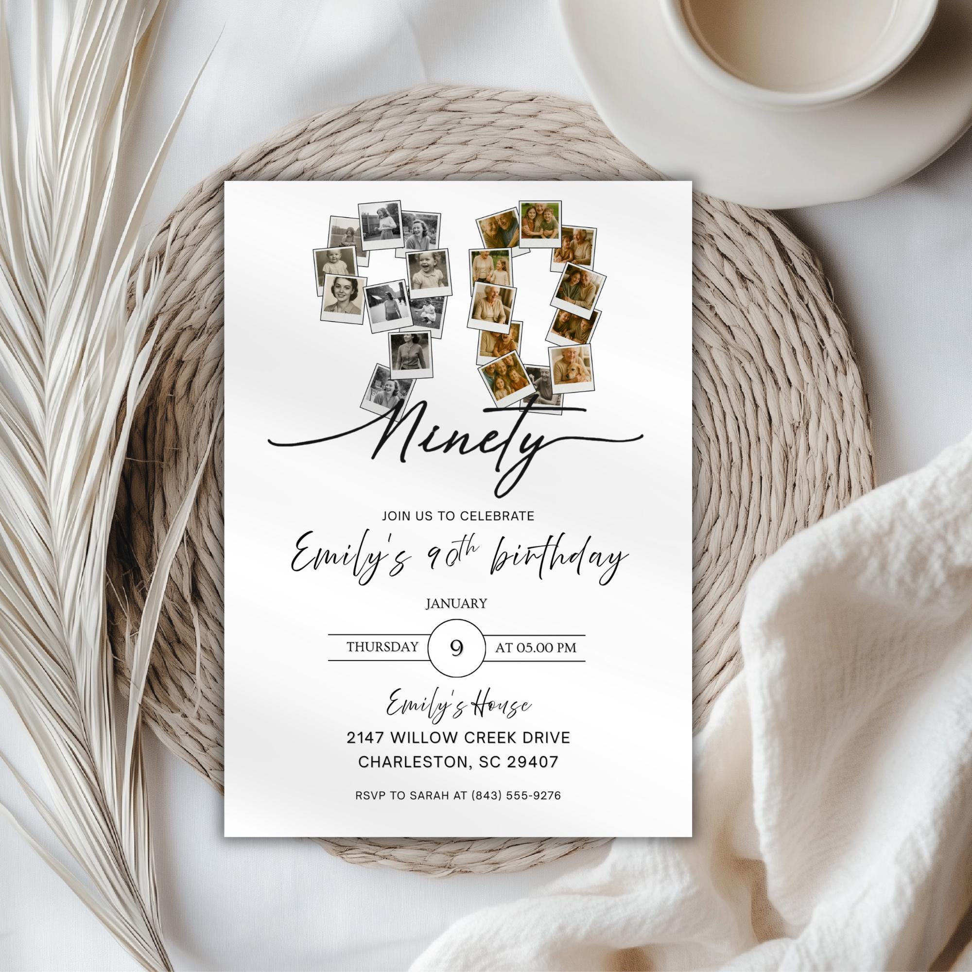 Minimalist Photo Collage Ninety 90th Birthday Invitation