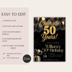 Elegant Black Gold Balloon 50th Birthday Invitation