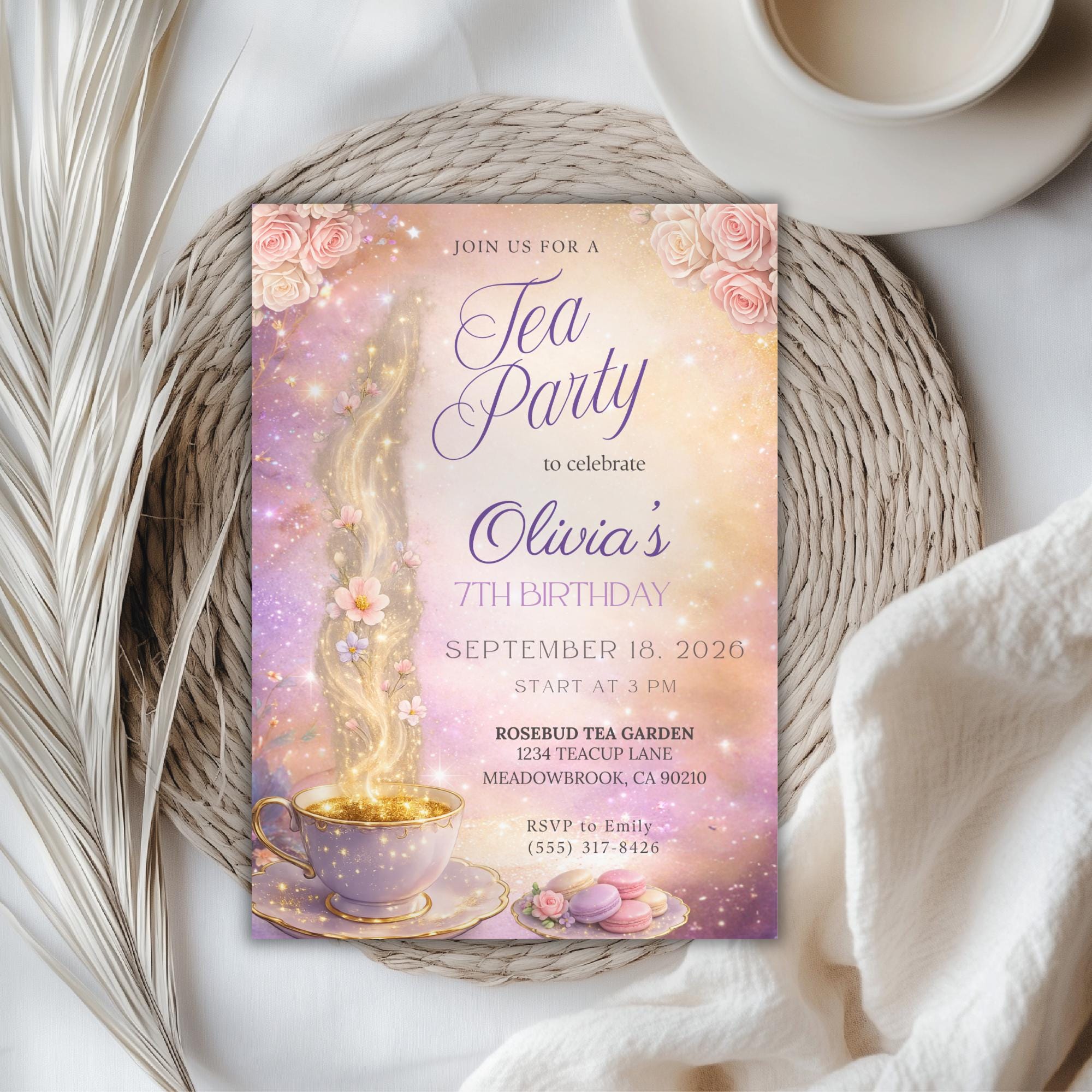 Magical Floral Tea Party Kids Birthday Invitation
