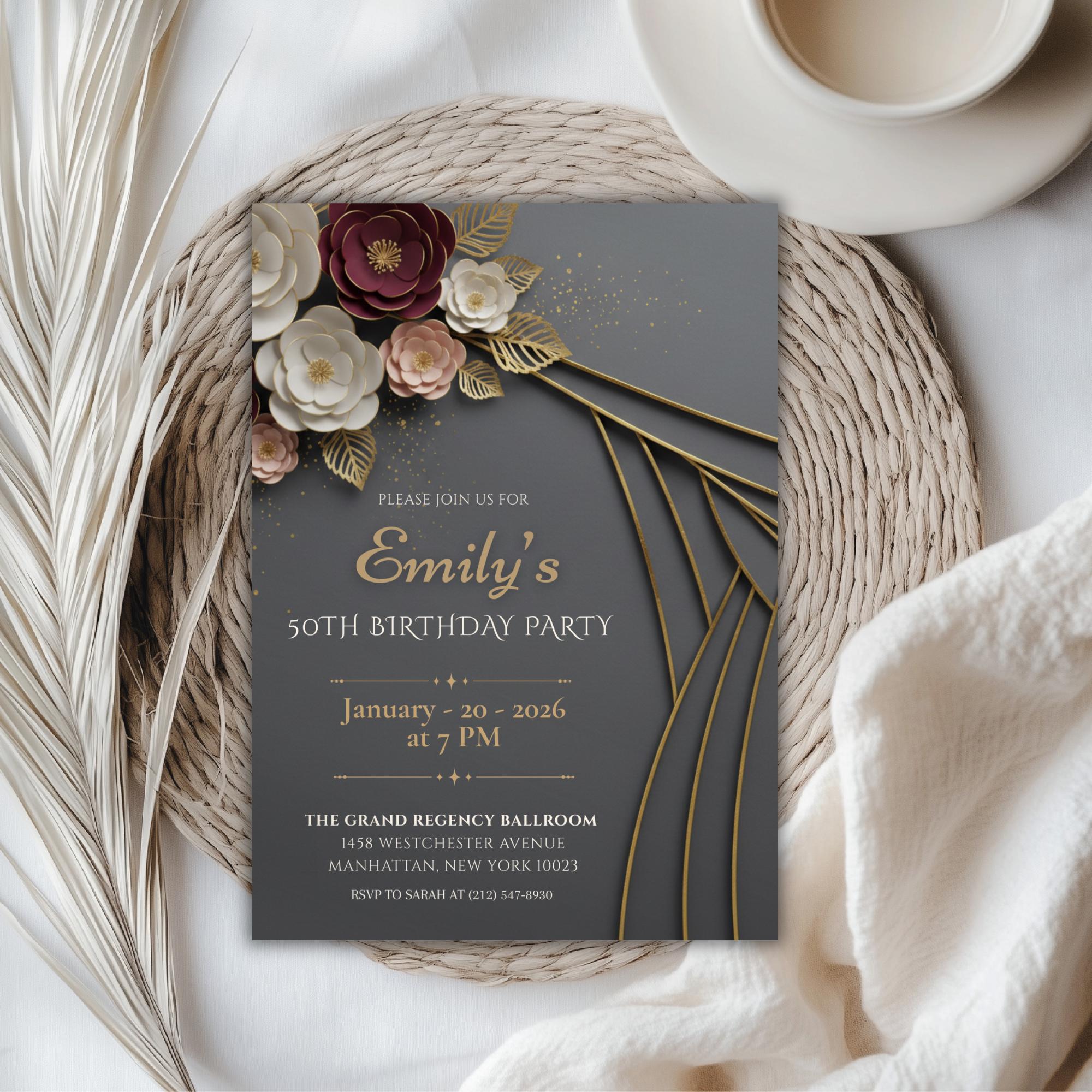 Elegant Burgundy Gold Floral 50th Birthday Invitation