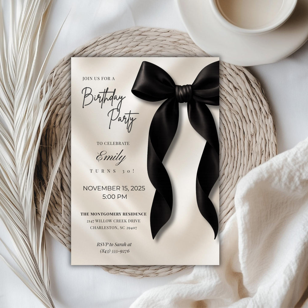 Black Bow Birthday Invitation
