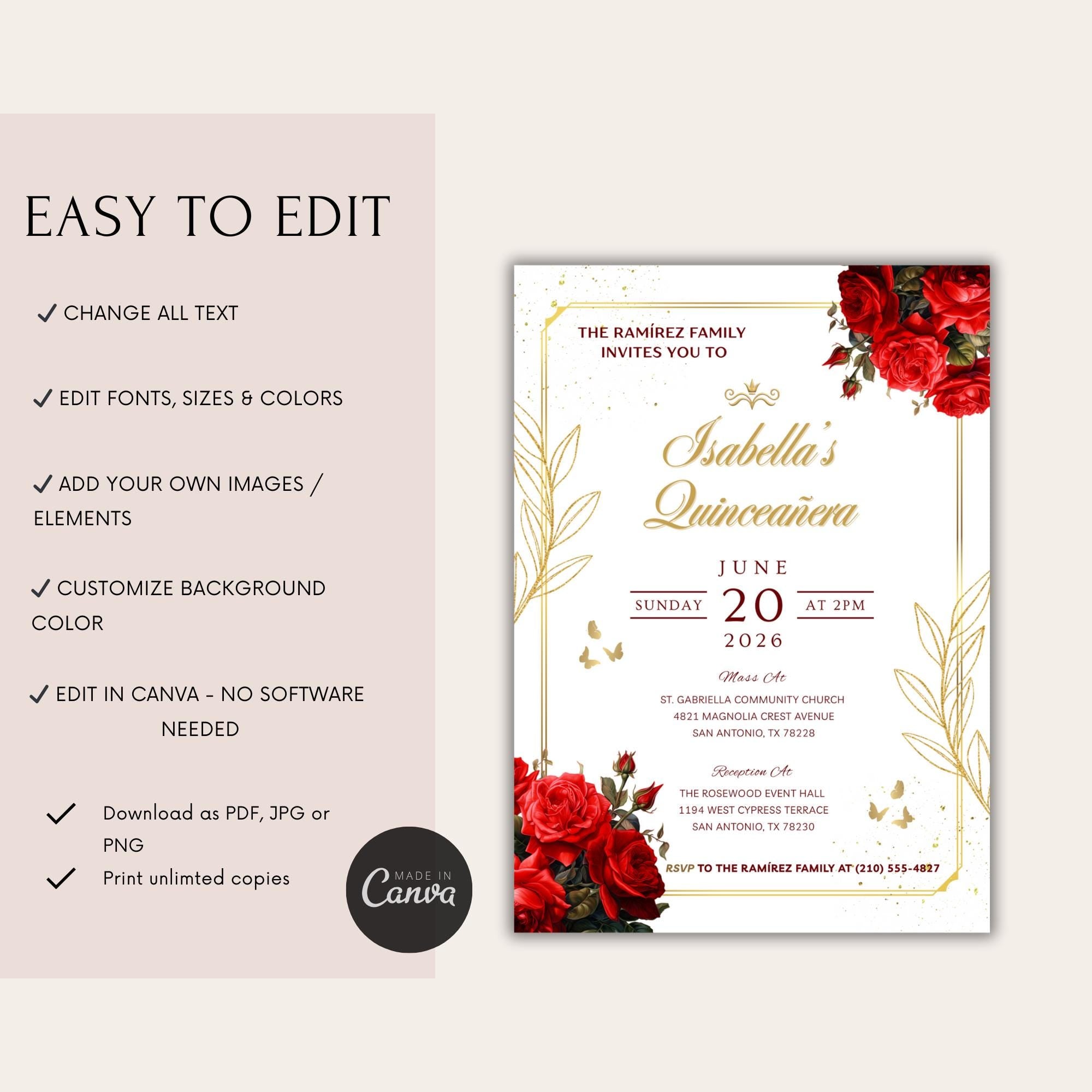 Elegant Red Rose Quinceañera Invitation
