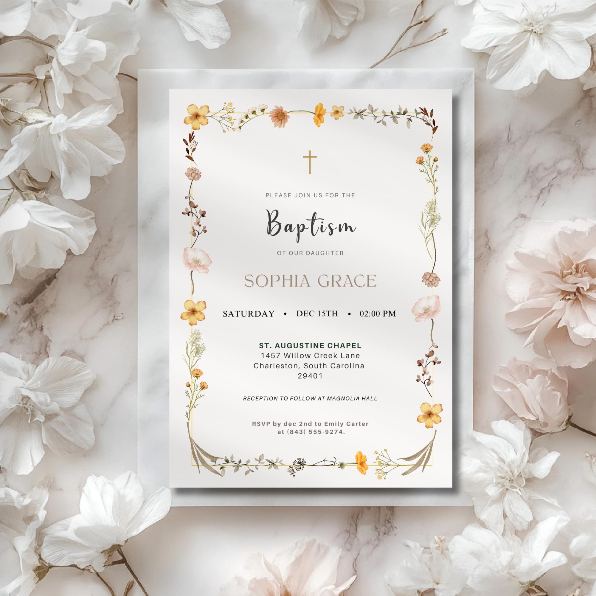 Elegant Wildflower Baptism Invitation with Cross