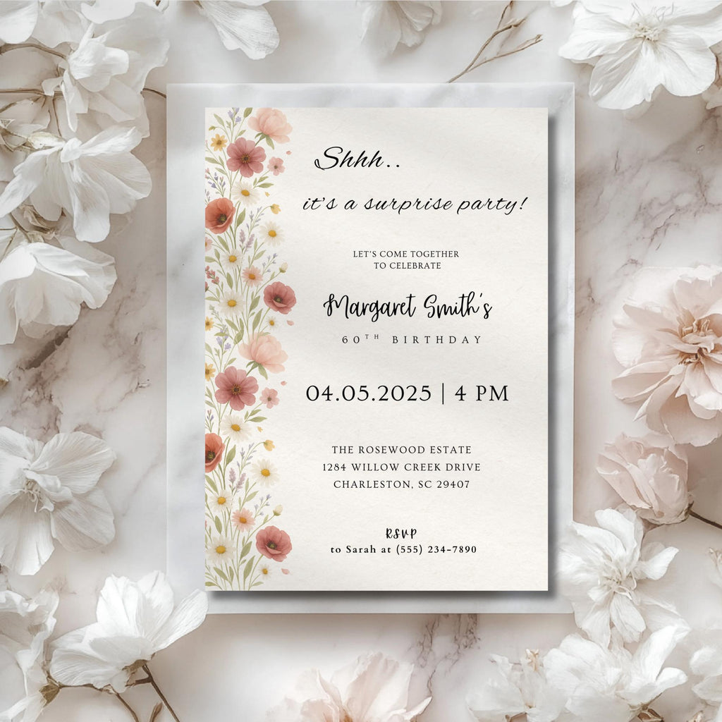 Elegant Wildflower Surprise Birthday Invitation