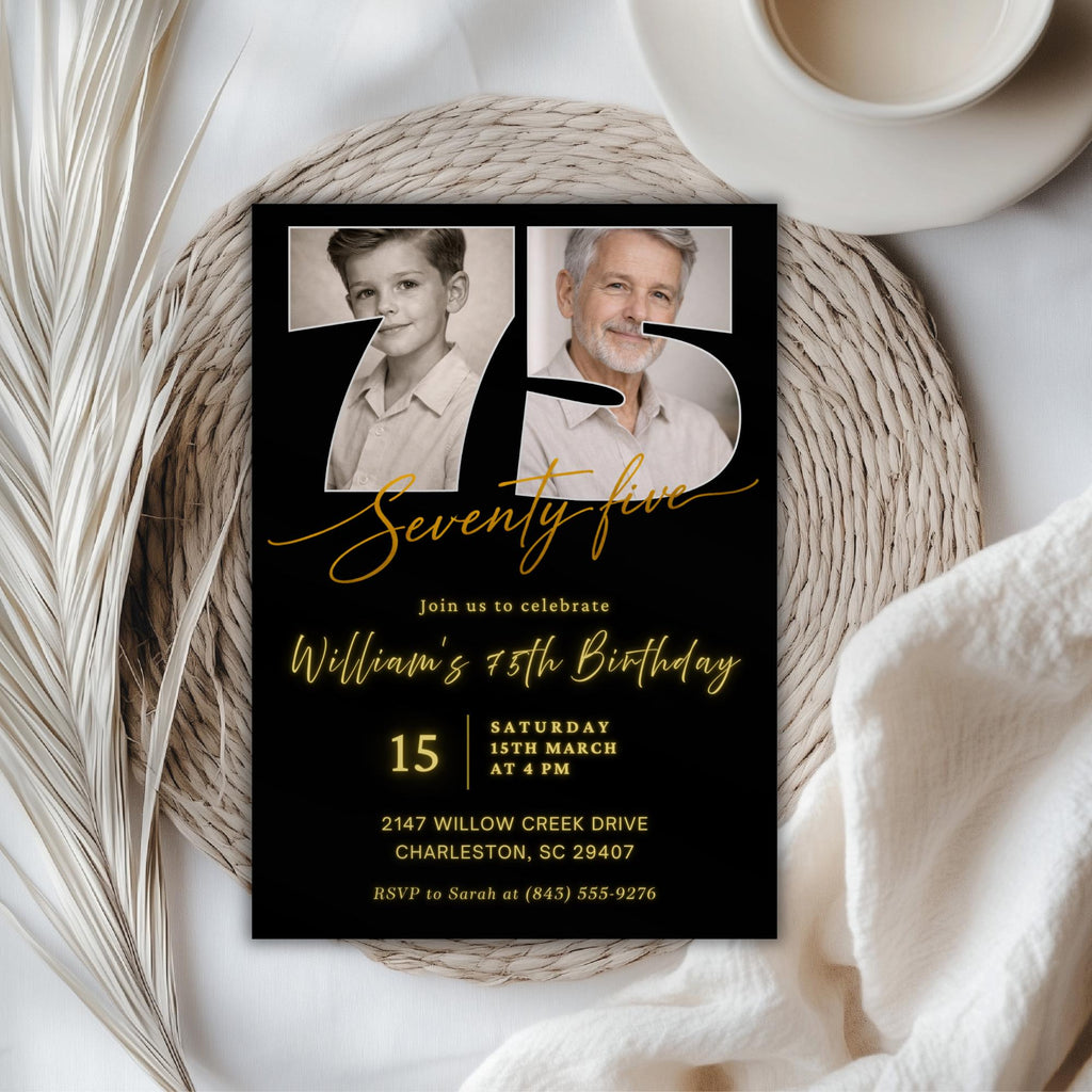 Black & Gold 75th Birthday Invitation with Photo Number