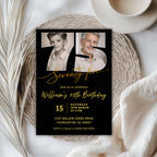 Black & Gold 75th Birthday Invitation with Photo Number