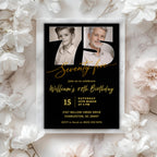 Black & Gold 75th Birthday Invitation with Photo Number