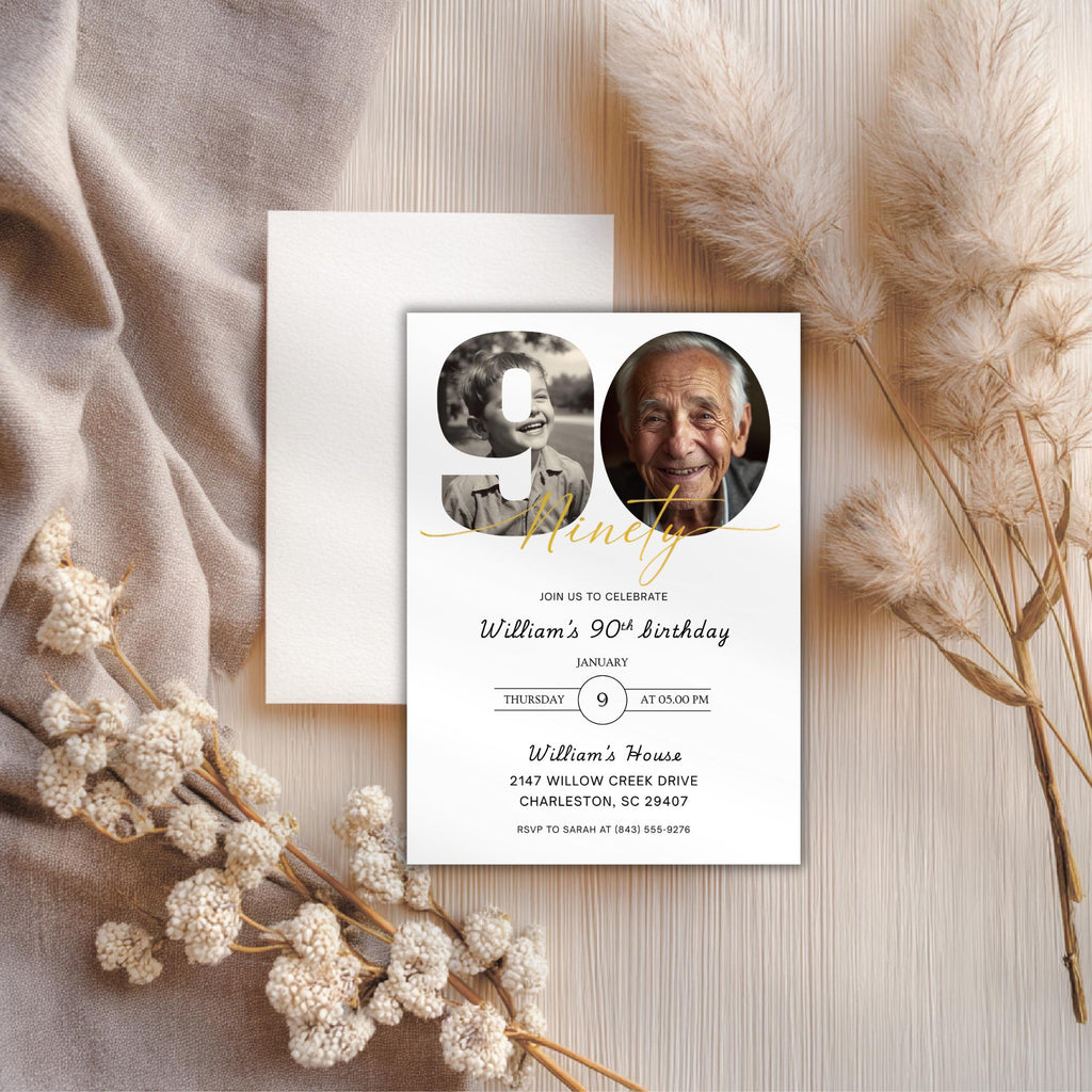 Minimalist Photo Ninety 90th Birthday Invitation