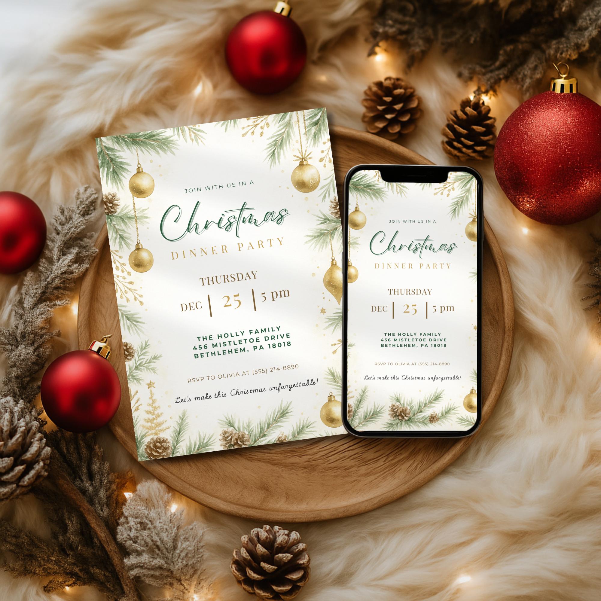 Elegant Christmas Ornaments Dinner Party Invitation