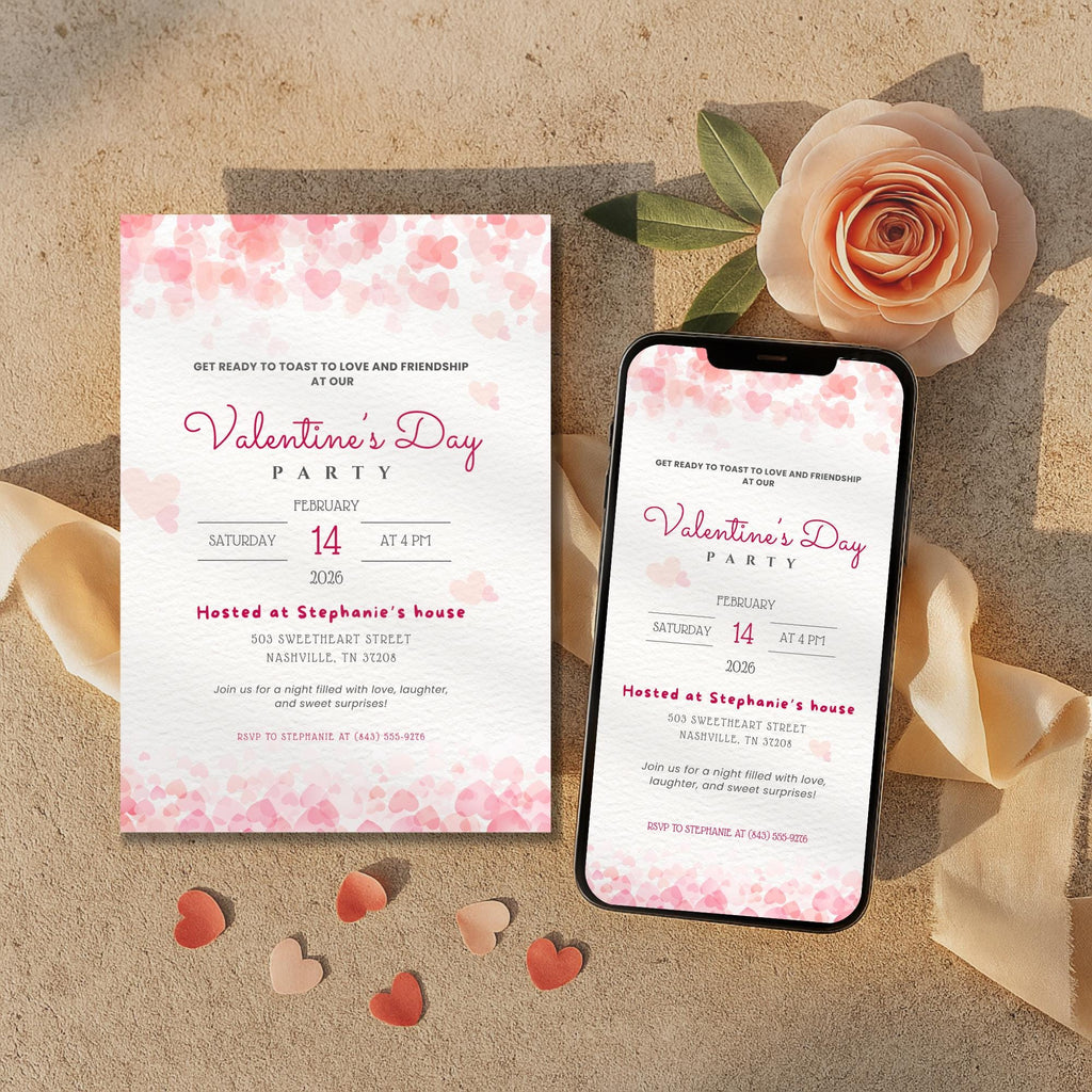Pink Hearts Valentines Party Invitation