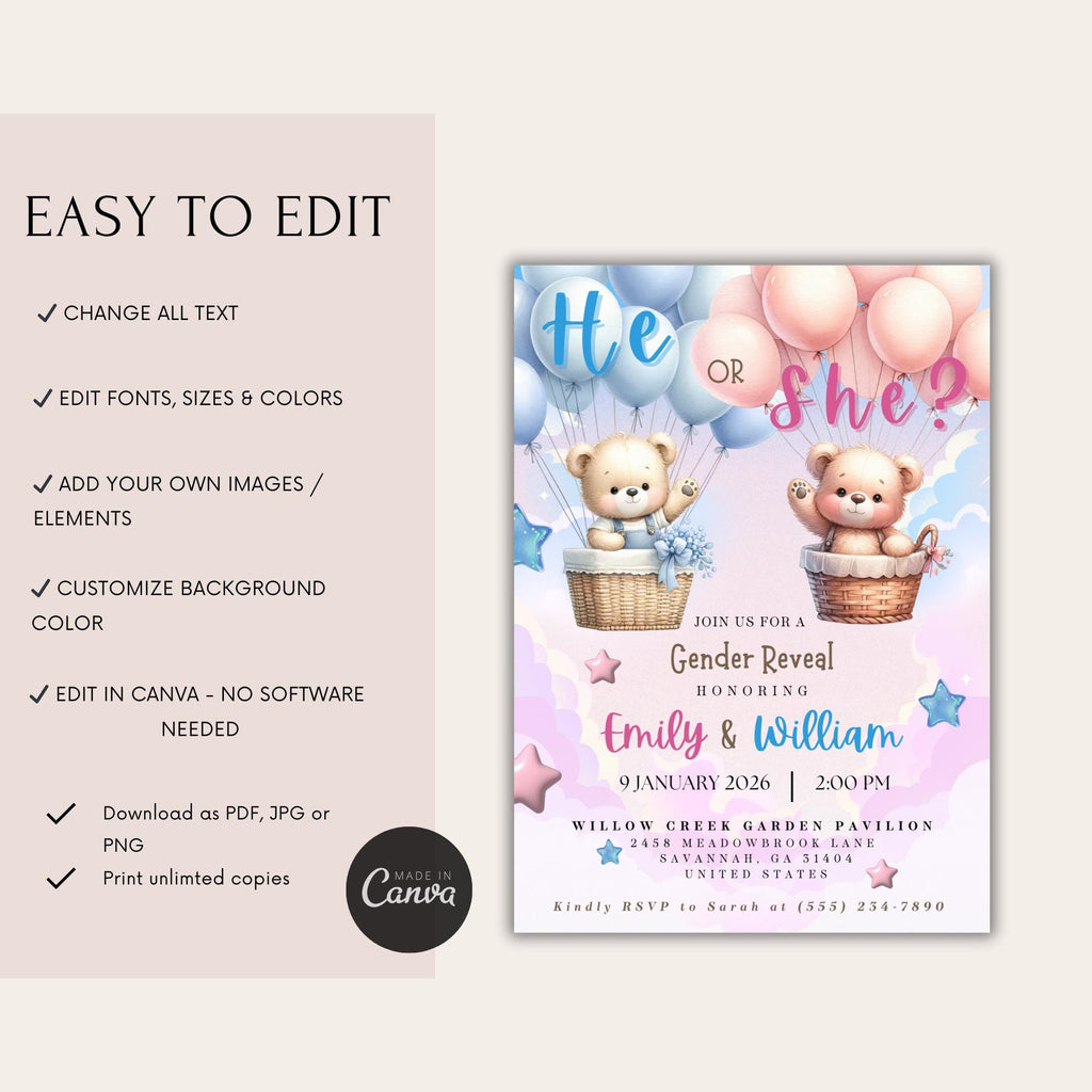 He or She Teddy Gender Reveal Invitation