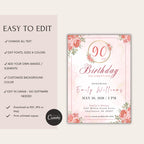 Elegant Pink Gold Floral 90th Birthday Invitation